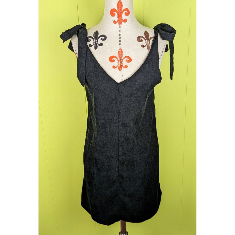 SHEIN Womens 6 Shoulder Tie Short Corduroy Dress Black Sleeveless V-Neck EUC